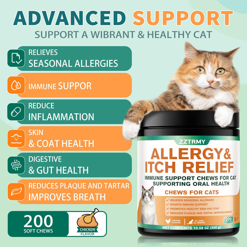Cat Allergy Relief Chews,Itchy Skin,Paw Licking,Seasonal Allergies Relief, with Omega 3,Probiotics,Green Tea Extract,Boost Immunity,Skin Coat Health,Maintain Oral Health, Allergy Relief for Cat 200 pcs