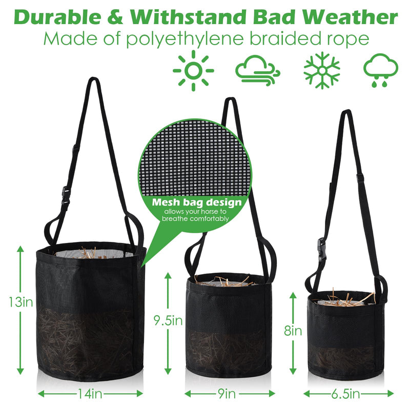 3 Pcs Horse Feed Bag Heavy Duty Mesh Horse Feeder Breathable Grain Bag Mesh Horse Feed Bucket with Adjustable Strap and Waterproof Bottom, Black, 3 Size - BeesActive Australia