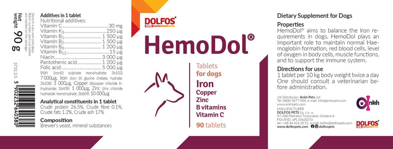 HemoDol 90 tablets Iron Support for Dogs Copper Zinc B Vitamins