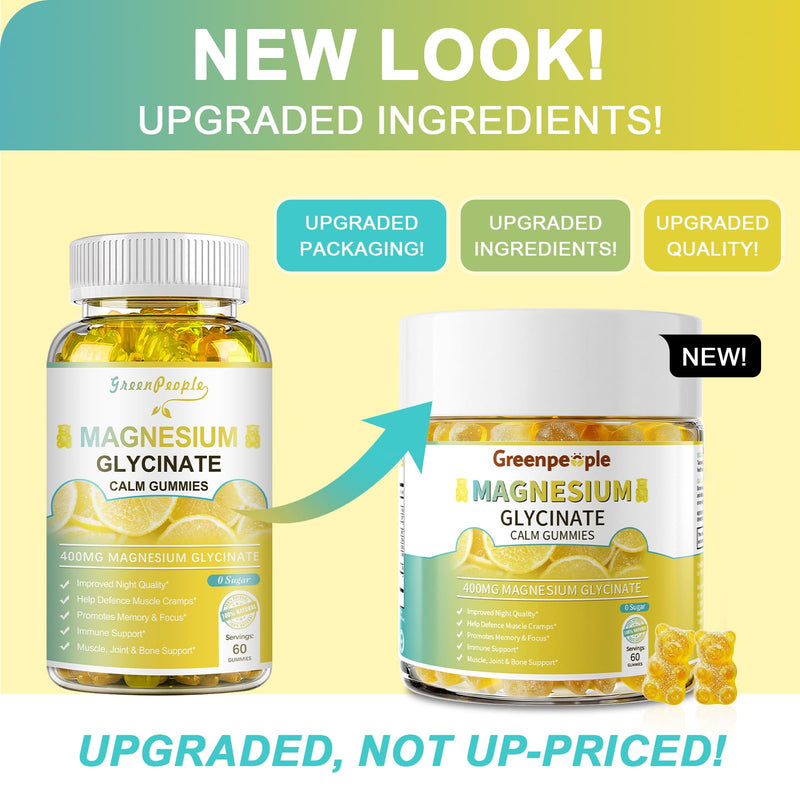 GREENPEOPLE Magnesium Glycinate Gummies 400mg - Lemon, 60ct 2 Pack | Chelated Sugar Free,High Absorption Supplement with Magnesium Citrate,Vitamin D & B6 Calm,Sleep & Stress Support for Adults 60 Count (Pack of 2)