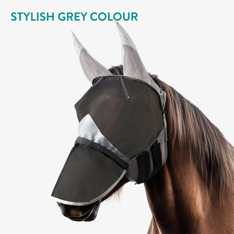 Navaris Medium Horse Mask - Comfortable Polyester Fly Guard Masks for Horses or Donkey - Includes Veil, Integrated Ears, and Removable Horse Nose Net - Gray Grey - BeesActive Australia