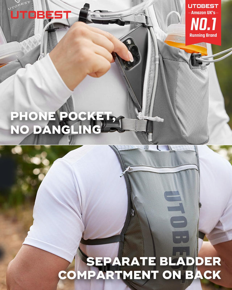 Running Vest, 5L Hydration Vest Lightweight, Breathable and Sweatproof Running Backpack, Adjustable Running Hydration Vest for Trail Running Marathon Race Jogging Cycling Gray Vest 5L with 1.5L Bladder
