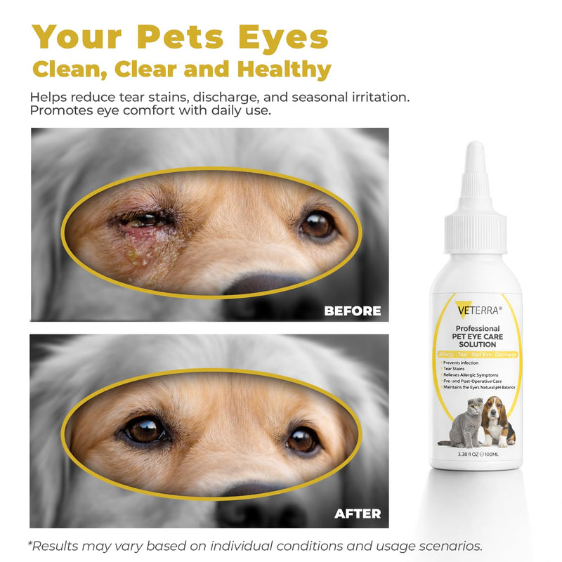 Dog and Cat Eye Care Solution for Dogs & Cats – Vet Recommended Eye Cleaner, Helps Remove Eye Discharge & Tear Stains, Supports Eye Hygiene, Gentle Daily Use Eye Wash - 3.38 Oz 100 Ml