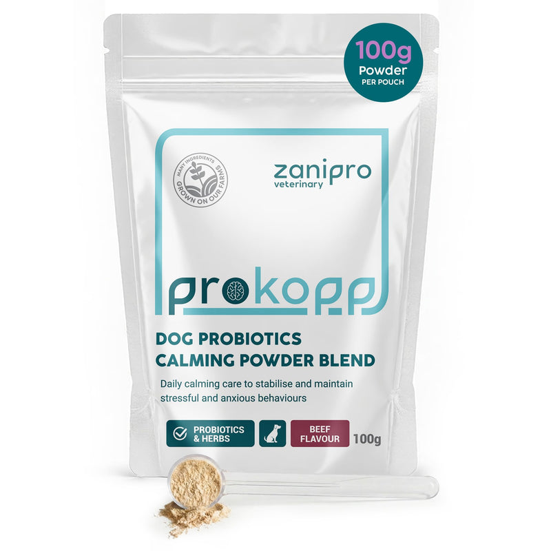 Dog Calming Supplements, Probiotics & L- Tryphtophan Powder for Anxious Dog, Stress and Anxiety for Dogs Support, Fireworks, Car Travel, Long Term Relaxation Treatment - Beef Flavour, 100g