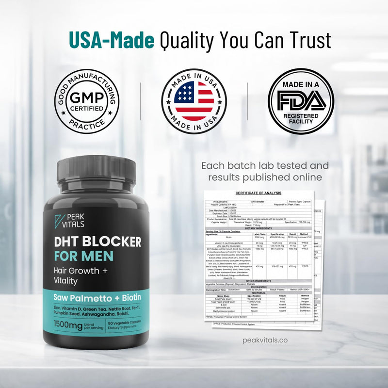 DHT Blocker for Men | Ultra Potent Hair Growth Formula | Saw Palmetto, Biotin, Pumpkin Seed, Herbal Extracts | Natural Hair Loss Supplements | Hair Regrowth Vitamins | Made in the USA | 90 Capsules