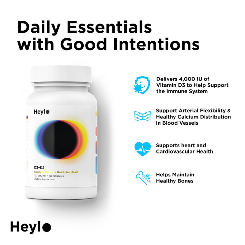 Heylo Vitamin D3 + K2 Supplement – High Potency Vitamin D3 100 mcg (4000 IU) & Vitamin K2 MK-7 100 mcg for Bone Strength, Heart & Immune Support – 120 Capsules (4-Month Supply), Made in USA