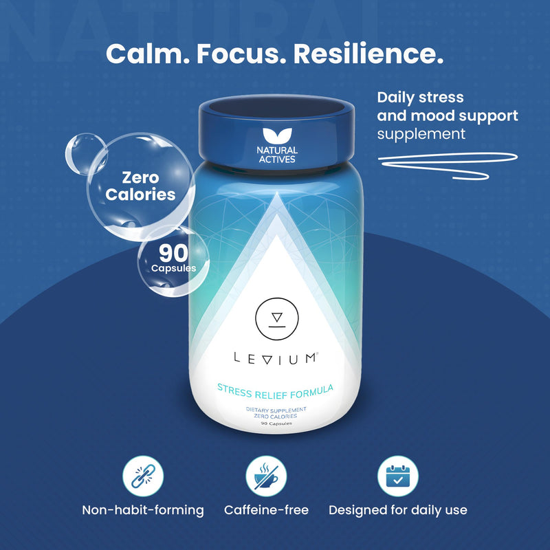 Levium Stress Supplement for Calm & Mood Support | Ashwagandha KSM-66, Magnesium, L-Theanine & GABA | Supports Mental Focus & Relaxation | Non-Habit Forming | 90 Capsules