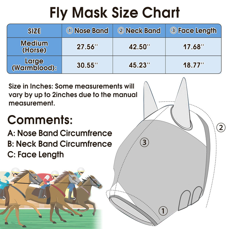 Horse Fly mask with UV Protection Soft on Skin and All-Round Breathable Mesh Non Heat Transferring,Adjustable Neck Straps（Tricolor, L - BeesActive Australia