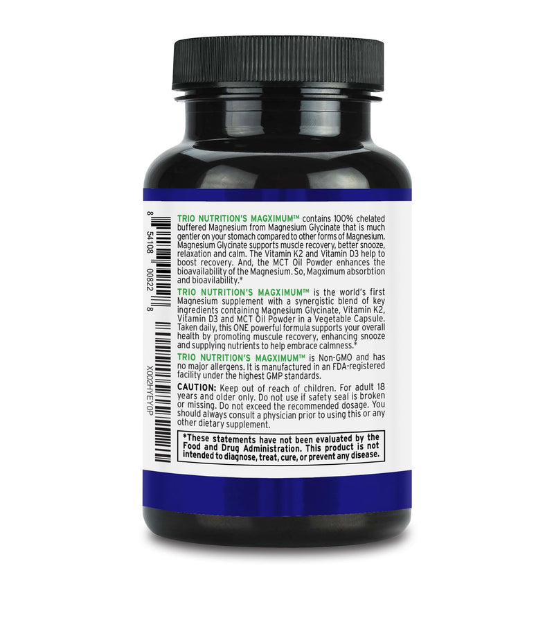 Trio Nutrition Magximum Magnesium Glycinate + Vitamin D3, K2 MK-7 & MCT | MagX magnesium for men and women: 4-in-1 advanced formula, 2-month supply for calm, relaxation, recovery & well-rested.* Magnesium Glycinate with Vitamin K2 & Vitamin D3