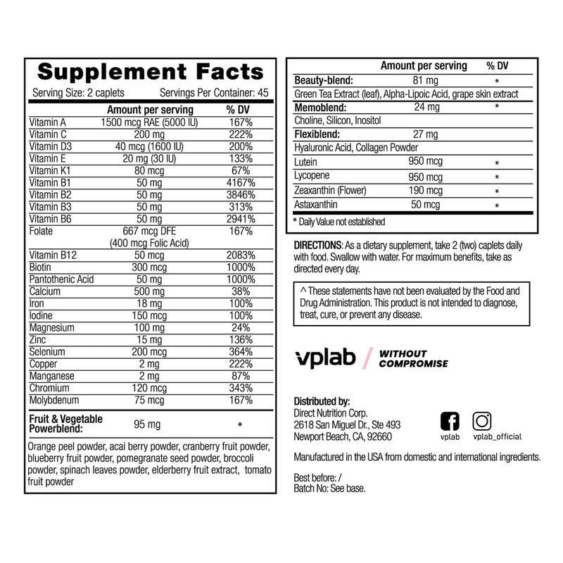VPLab Ultra Women's Multivitamin Formula - Supplement for Hair, Skin & Nails with Biotin, Iron, Vitamin B, D, C & Zinc, Folate - Essential Daily Vitamins for Women's Health & Wellness, 90 Caplets