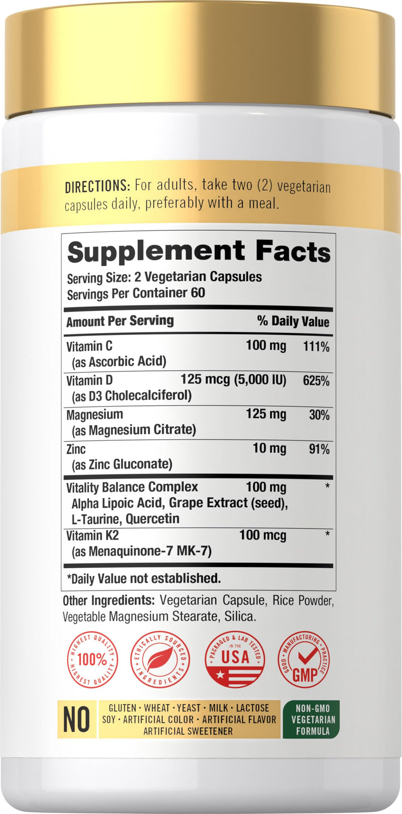 Carlyle Vitamin D3 K2 | 5000 IU D3 & 100 mcg Vitamin K2 (MK7) | 120 Capsules | With Magnesium and Zinc | Vegetarian, Non-GMO, Gluten Free Supplement