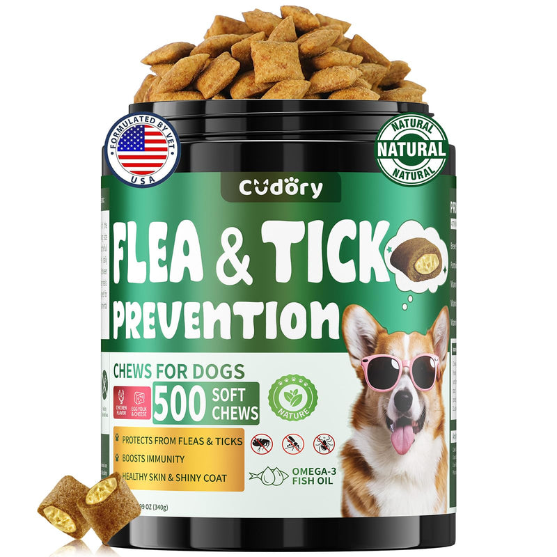 Flea and Tick Prevention for Dogs Chews- 500 Crunchy & Creamy Chews, Dogs Flea Chewables with Skin & Coat Support - Oral Supplement for All Breeds & Ages - Chicken & Cheese Flavor