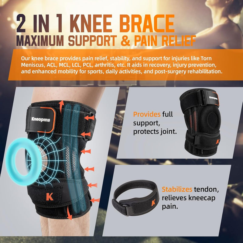 2-in-1 Professional Knee Brace for Pain Relief,Adjustable Knee Support with Patella Pad & Side Stabilizers, Compression Knee Sleeve for Meniscus Tear, ACL, Joint Pain, Runner, Workout-Men & Women L BLACK