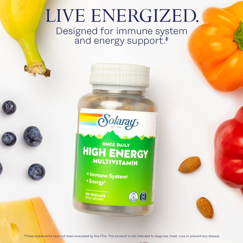 SOLARAY Once Daily High Energy Multivitamin, Iron Free, Immune System and Energy Support, Whole Food and Herb Base Ingredients, Mens and Womens Multi Vitamin (90 Servings, 90 VegCaps) 90 Count (Pack of 1)