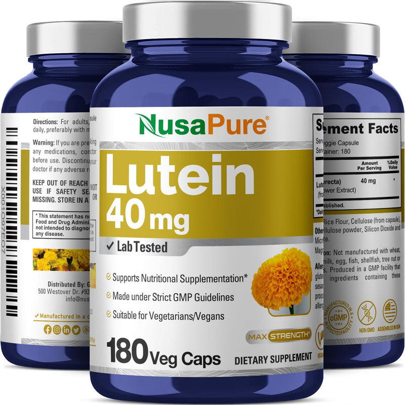 NusaPure Lutein, Non-GMO, Vegan, 40mg, 180 Veggie Capsules - 180 Servings | Carotenoid Formula, Tagetes Erecta, Marigold Flower Extract, Suitable for Adults, Made in cGMP Registered Facility USA