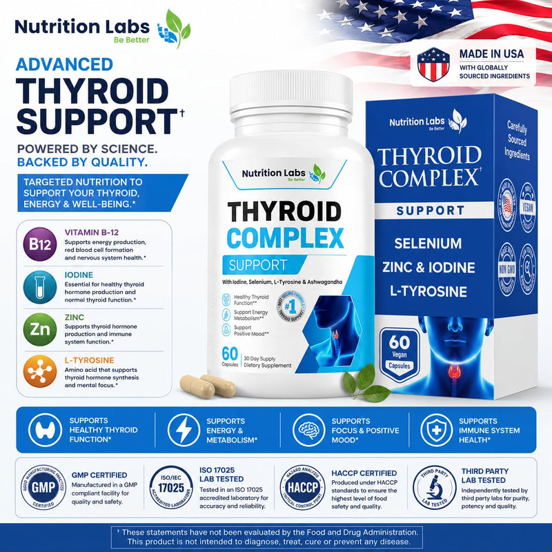 Thyroid Support Supplement for Women & Men | Iodine, Selenium, L-Tyrosine, Ashwagandha & Vitamin B12 | Daily Metabolism & Energy Support | Non-GMO | 60 Capsules | Nutrition Labs