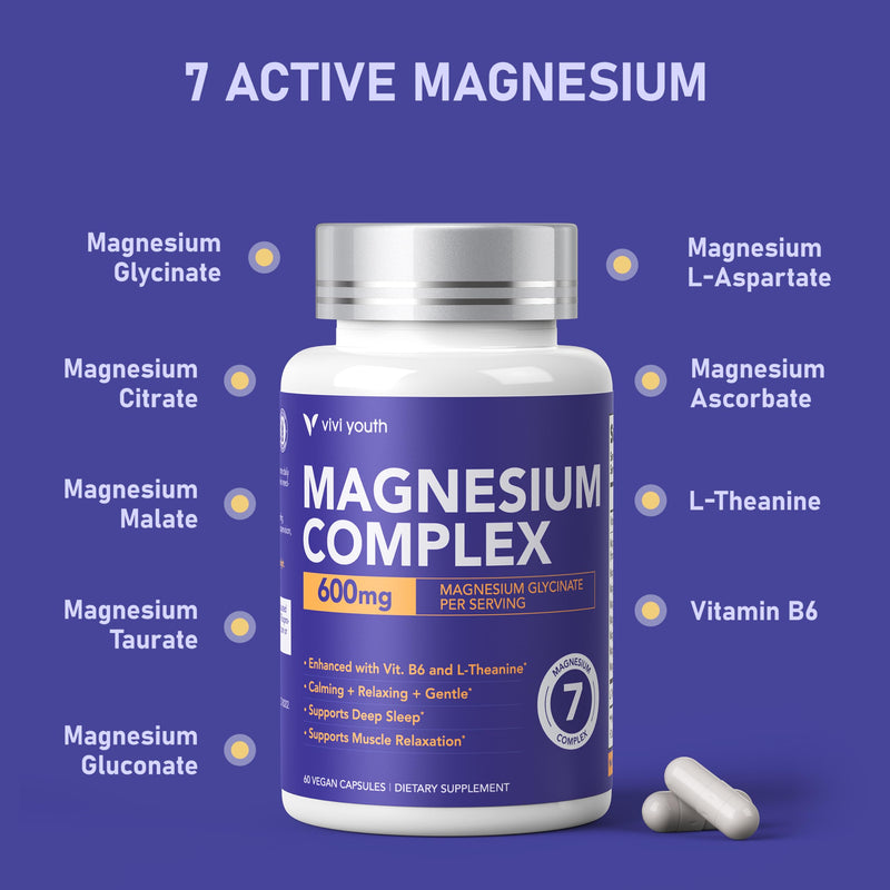 Magnesium 7 Complex for Women with 600mg Glycinate, 60 Capsules | 1600mg Blend with L-Theanine and Vitamin B6 for Sleep Support, Relaxation and Muscle Recovery, 30-Day Supply 60 Count (Pack of 1)