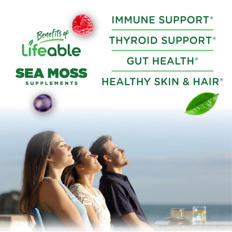 Lifeable Irish Sea Moss Gummies with Ashwagandha, for Women and Men, 60ct | With Bladderwrack and Burdock Root, for Thyroid Support, Immunity, Energy - Vegan, Gluten Free, Berry Flavor, No Fishy Taste