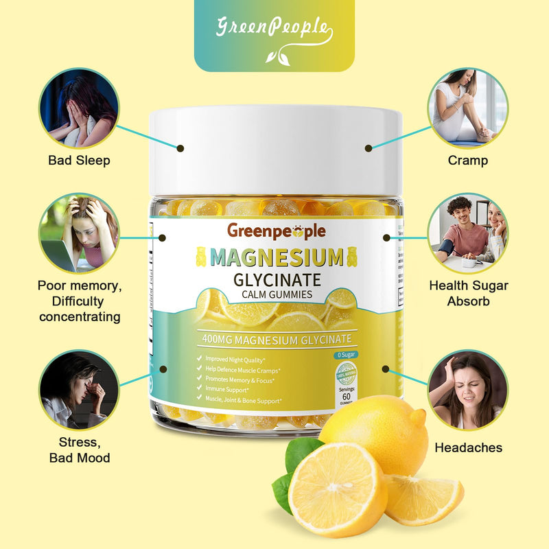 GREENPEOPLE Magnesium Glycinate Gummies 400mg - Lemon, 60ct 2 Pack | Chelated Sugar Free,High Absorption Supplement with Magnesium Citrate,Vitamin D & B6 Calm,Sleep & Stress Support for Adults 60 Count (Pack of 2)