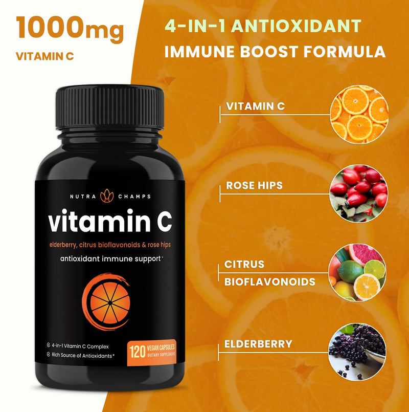 NutraChamps 1000 mg Vitamin C with Rose Hips, Vitamin C Supplement with Elderberry & Citrus Bioflavonoids, Kids Immune Boosting Supplemen Capsules Pill Vitamin C Capsules