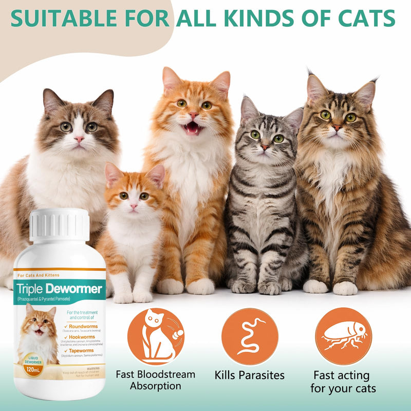 Cat Dewormer Liquid - Triple Dewormer with Pyrantel Pamoate & Praziquantel for Tapeworms, Roundworms & Hookworms, Easy-to-Give Broad-Spectrum Liquid for Cats,120 mL (4.2 fl oz)