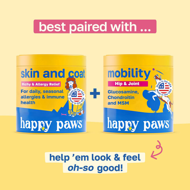 Happy Paws Skin and Coat Supplement for Dogs, Itch & Allergy Relief Support, Daily Dry Skin Comfort & Shedding Care with Coconut Oil & Vitamin B12, Vegan Chicken Flavor, 100 Chews 100 Count