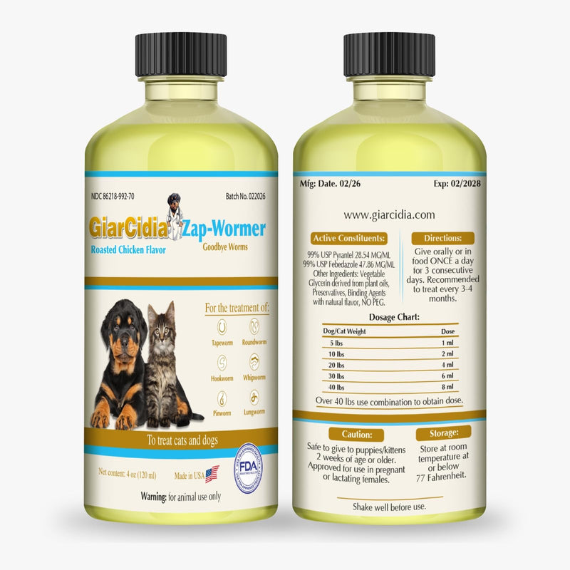 No More Worms in Cats and Dogs- Dewormer for Cats and Dewormer for Dogs - Chicken and Milk Flavours 120 mL / 4 oz Glass Bottle – Includes 3 mL Dropper with Cap (Chicken Flavor) Chicken Flavor