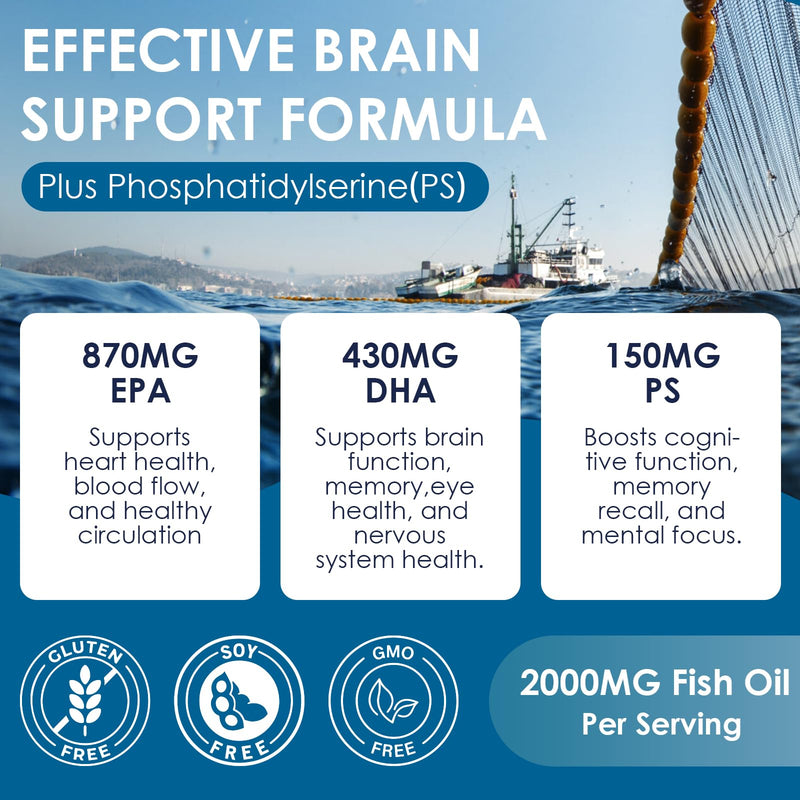 DRFOSTER Omega-3 Fish Oil 2000mg, 120 Softgels | Extra-Strength DHA + EPA, PS & Vitamin E, Brain, Cognition, Heart Health, Sustainably Sourced 120 Count (Pack of 1)