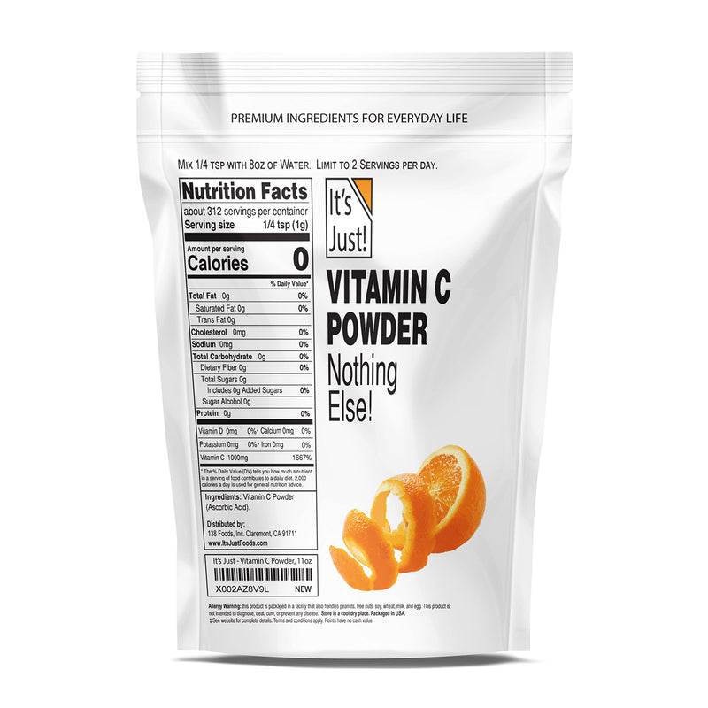 It's Just! - Vitamin C Powder, 100% Pure Ascorbic Acid, Food Grade, Immune Support, Homemade Cosmetics (11oz) 11 Ounce (Pack of 1) - BeesActive Australia