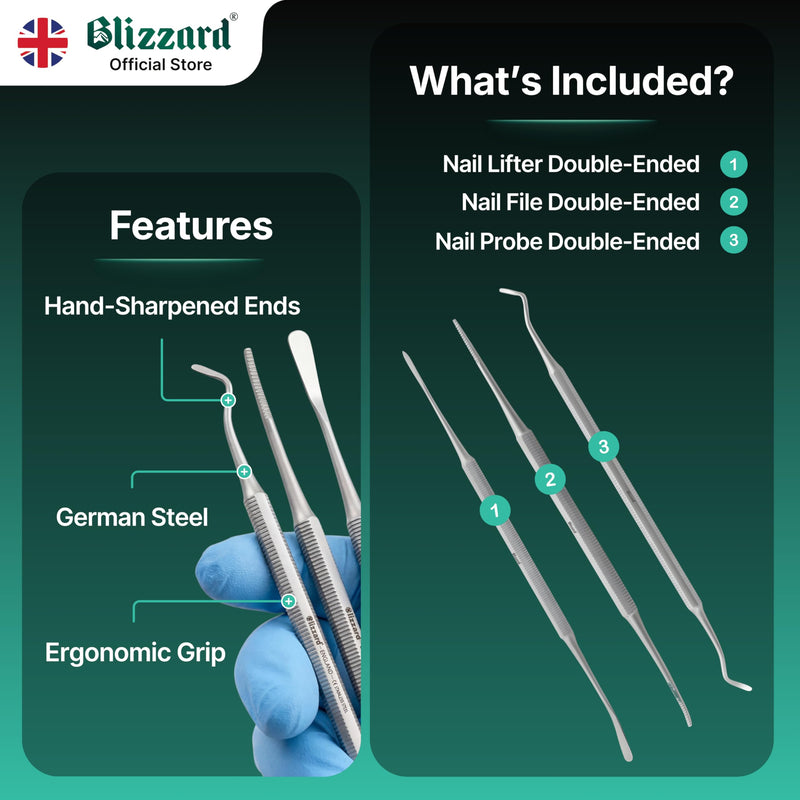 Ingrown Toenail File Set by Blizzard – 3 Piece Double-Ended Tool Kit with Blacks File, Nail Cleaner and Lifter for Cleaning and Care of Ingrown Toenails - Premium Stainless Steel (3) Blacks File/ Cleaner/ Lifter