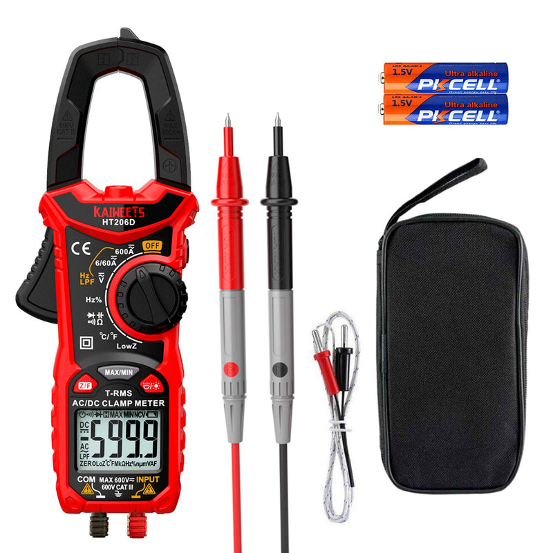 KAIWEETS HT206D Digital Clamp Meter T-RMS 6000 Counts, Multimeter Voltage Tester Auto-ranging, Measures Current Voltage Temperature Capacitance Resistance Diodes Continuity Duty-Cycle (AC/DC Current) AC/DC Current