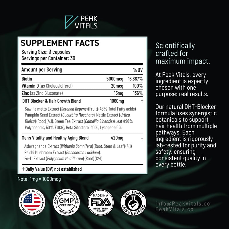 DHT Blocker for Men | Ultra Potent Hair Growth Formula | Saw Palmetto, Biotin, Pumpkin Seed, Herbal Extracts | Natural Hair Loss Supplements | Hair Regrowth Vitamins | Made in the USA | 90 Capsules