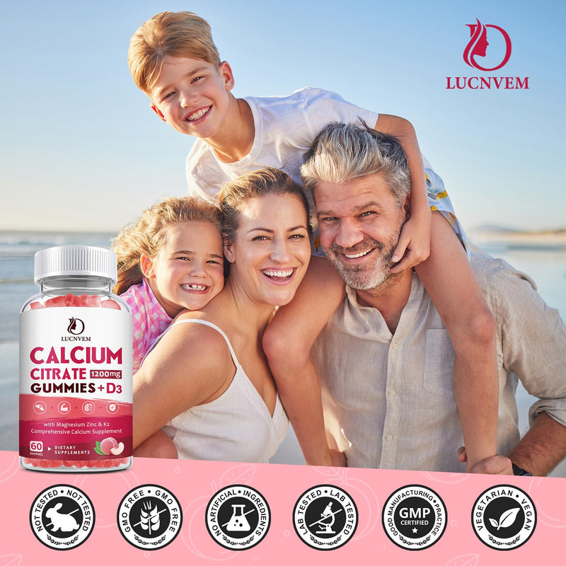 Calcium Citrate 1200mg with Vitamin D3 Supplements Gummies for Women & Men, Calcium Gummies with Vitamin D3 K2, High Absorption for Bone Muscle Healthy- Peach Flavor- 90 Day Supply （3 Pack） 60 Count (Pack of 3)