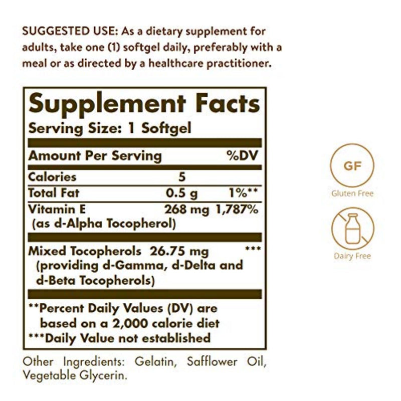Solgar Vitamin E 268 mg (400 IU), 250 Mixed Softgels - Natural Antioxidant, Skin & Immune System Support - Naturally-Sourced Vitamin E - Gluten Free, Dairy Free - 250 Servings 250 Count (Pack of 1) - BeesActive Australia