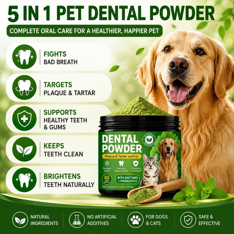 Dog Dental Powder for Dogs, Dog Teeth Cleaning Powder, Dental Powder for Dogs Teeth, Plaque & Tartar Remover, Dog Breath Freshener, Natural Oral Care, 60-Day Supply