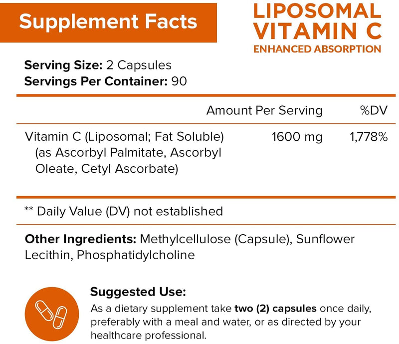 NutriFlair Liposomal Vitamin C 1600mg, 180 Capsules - High Absorption, Fat Soluble VIT C, Antioxidant Supplement, Higher Bioavailability Immune System Support & Collagen Booster, Non-GMO, Vegan Pills 180 Count (Pack of 1) - BeesActive Australia