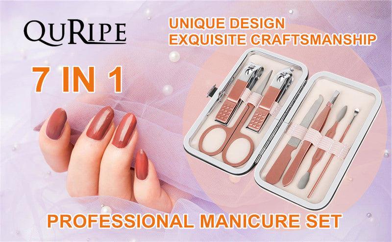 QURIPE 7pcs Manicure Set, Nail Clippers Kit, Stainless Steel Manicure Kit, Nail Clipping Tools Portable Travel Grooming Kit, The Best Gift with Luxurious Case(Rose Gold) Rose Gold