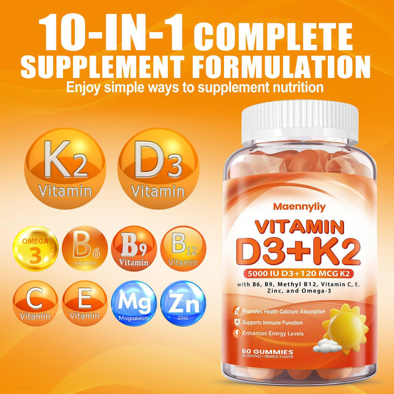 Maennyliy Vitamin D3 K2 Gummies for Adults: D3 5000IU + K2 (MK-7) 120mcg | D3 and K2 Supplements with Omega-3, Methyl B12, B9, B6, Vitamins E & Zinc - for Calcium Absorption & Overall Health Orange 60 Count (Pack of 1)