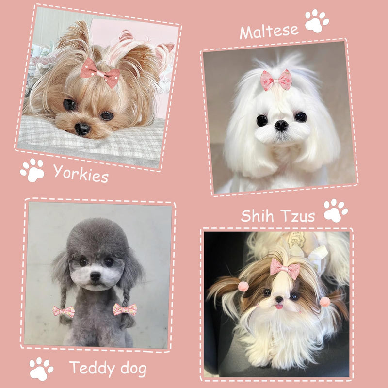 20 Pcs Small Dog Hair Bows with Rubber Bands Handmade Puppy Hair Bows Cute Grooming Flower Ball Bowknot Top Knot Dog Hair Accessories Hair Ties for Yorkie Maltese Pet (Pink) ﻿ Pink - BeesActive Australia
