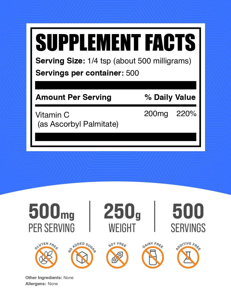 BulkSupplements.com Ascorbyl Palmitate Powder - 250g (Pack of 1) | Immune Support: Gluten Free, 500mg per Serving, (8.8 oz) 8.8 Ounce (Pack of 1)