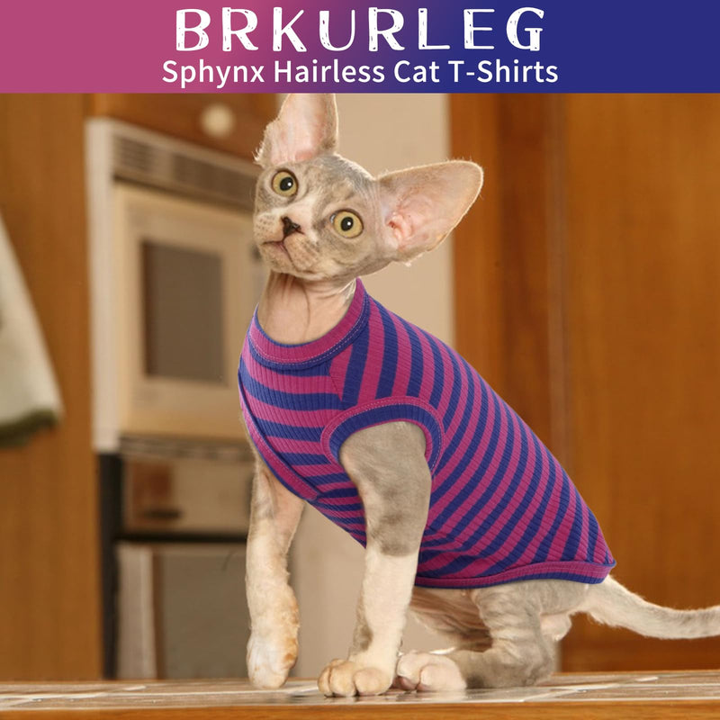 BRKURLEG Sphynx Hairless Cats Shirt Puppy Clothes Soft Cotton T-Shirts Cute Cats Pajamas Cat Stripes Vest Pet Clothes, Round Collar Vest Kitten Shirts(Pink-Blue Stripes, M) Medium PinkBlue Stripe - BeesActive Australia