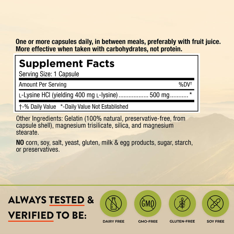 Mt. Angel Vitamins - Premium L-Lysine 500mg Capsules – Vegan-Friendly Essential Amino Acid – Supports Immune System & Collagen Formation – Non-GMO – 60 Capsules 60 Count (Pack of 1)