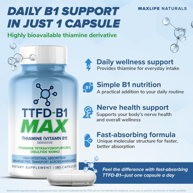 MAXLIFE NATURALS TTFD Thiamine B1 Supplement 100 mg 60 Capsules | Vitamin Derivative Support, Fat Soluble Formula, Unflavored Easy Swallow, Made In USA Quality 60 Count (Pack of 1)