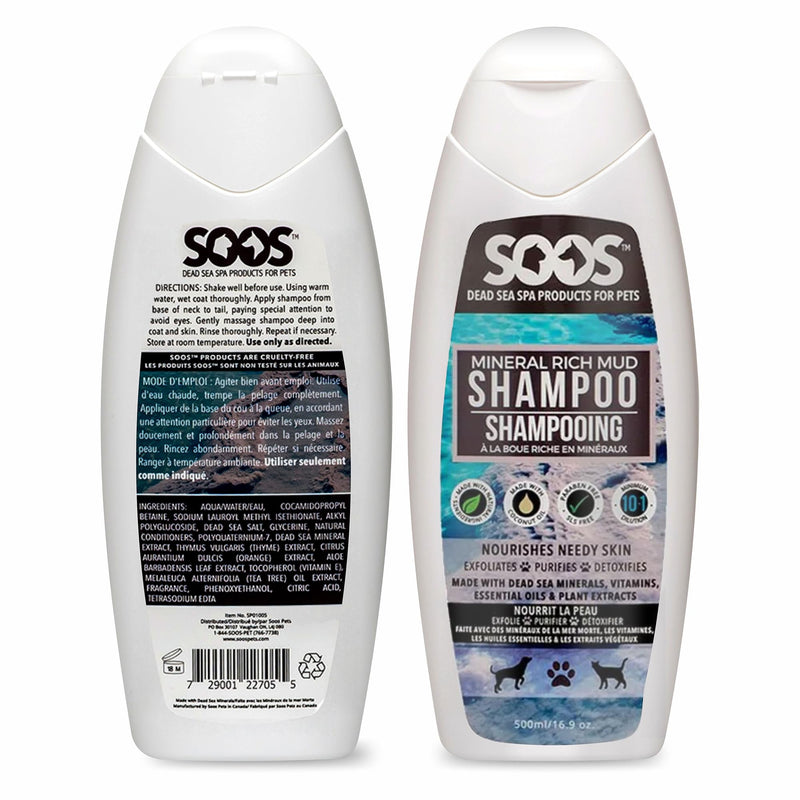 Soos Pet Dog Shampoo for Cats and Pets Mineral Rich Mud Natural Dead Sea Cruelty Free Fast Absorbing Skin Cooling First Aid Antib-acterial and Antif-ungal Odor Remover - 1x Pet Shampoo (500ml) - PawsPlanet Australia