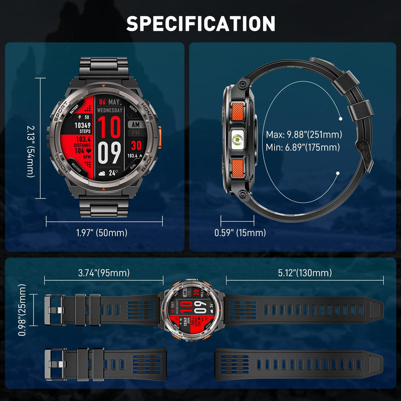 Military Smart Watches for Men with LED Flashlight, Tactical Rugged Smart Watch with 1.45" HD, 3ATM Waterproof & Compass, Sports Fitness Tracker with Heart rate/SPO2/Sleep Monitor KE5-Grey Button
