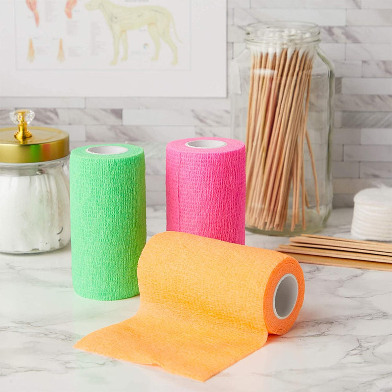 Juvale 12-Rolls Self Adhesive Bandage Wrap, Vet Tape - 4 in x 5 Yds Breathable, Elastic Cohesive Wrap Tape for Wrist, Swelling, Sports, Tattoo (12 Bright Colors) - BeesActive Australia