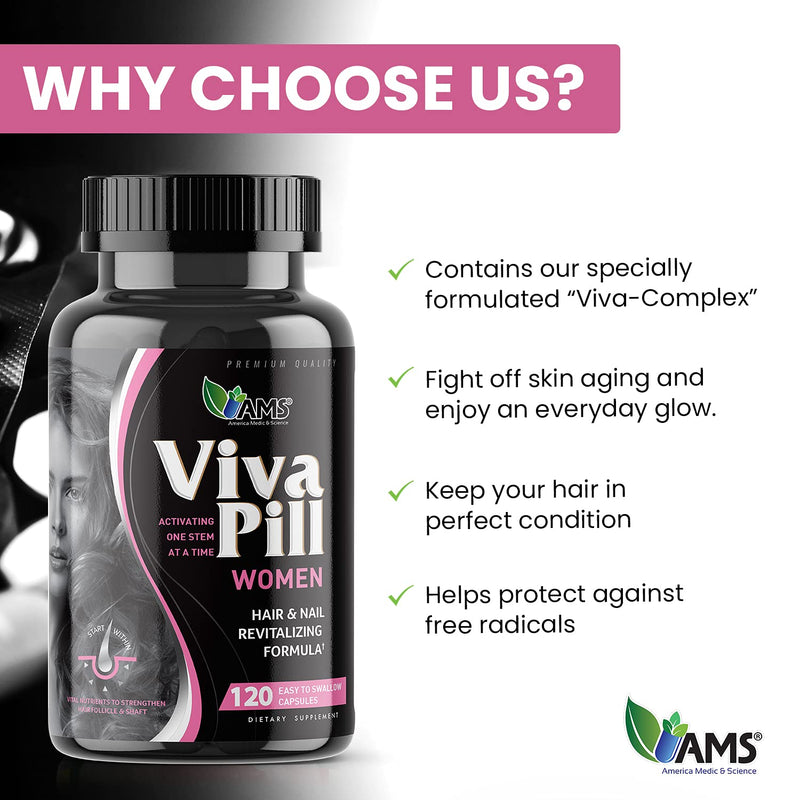 America Medic & Science VivaPill for Women (120 Capsules) Vitamins for Hair, Skin and Nails | Revitalizing Formula Pills with Biotin, Dietary Supplement for Hair Growth with Collagen and Keratin 1 Count (Pack of 120)