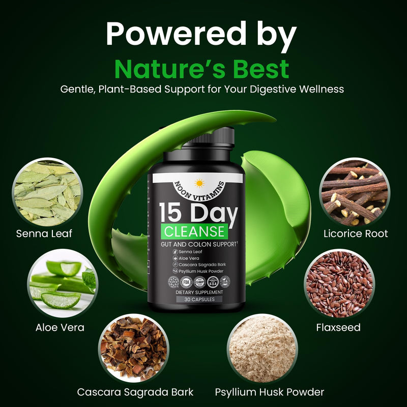 15-Day Colon Cleanse & Gut Detox – Natural Probiotic Cleanser with Senna Leaf, Psyllium & Aloe – Halal for Men & Women – Supports Digestive Health, Regularity & Bloating Relief – 30 Capsules