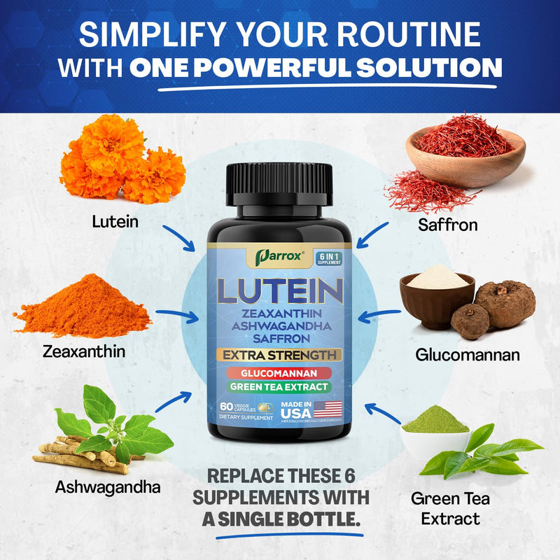 Lutein & Zeaxanthin Eye Vitamins for Adults, Vision Support, 60 Capsules | Vision Health Support with Ashwagandha, Saffron, Green Tea Extract & Glucomannan, Plant-Based Formula 60 Count (Pack of 1)
