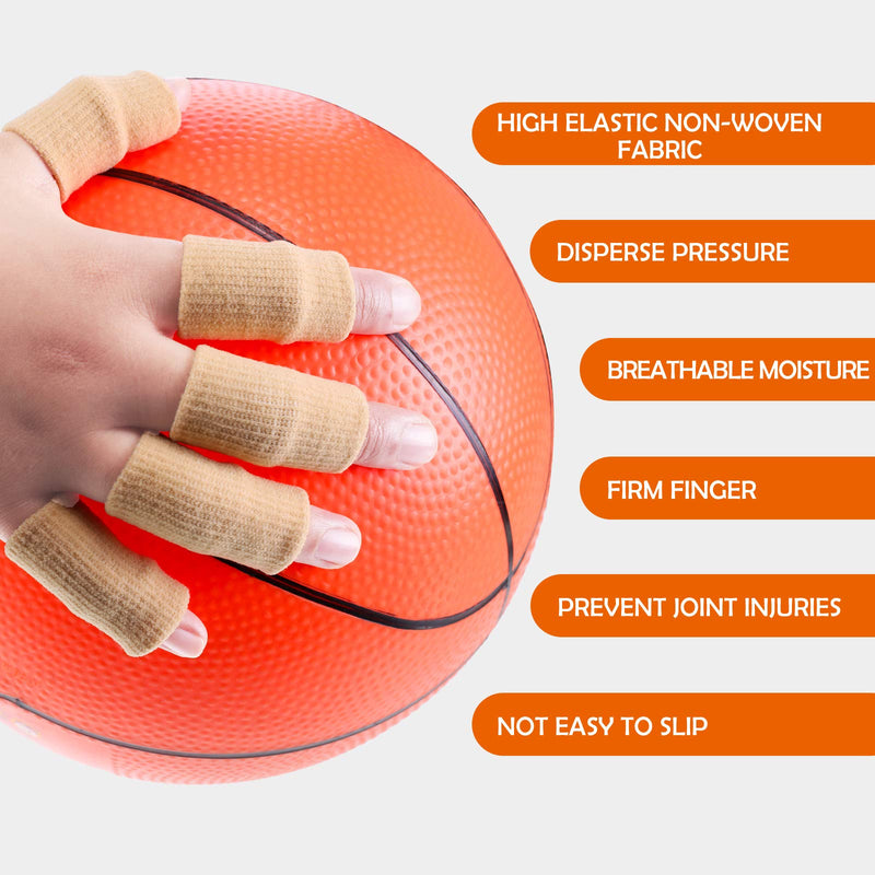 Skylety 30 Pieces Finger Sleeves with 1 Storage Bag, Thumb Splint Brace Support Protector Breathable Elastic Finger Tape for Pain Relief Arthritis Trigger Sports Basketball Baseball(Beige) Beige